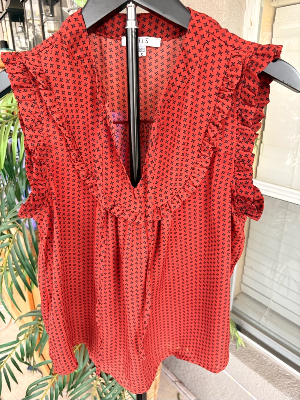 Aris Red Sleeveless Ruffle V-Neck Camisole with Black Micro-Print